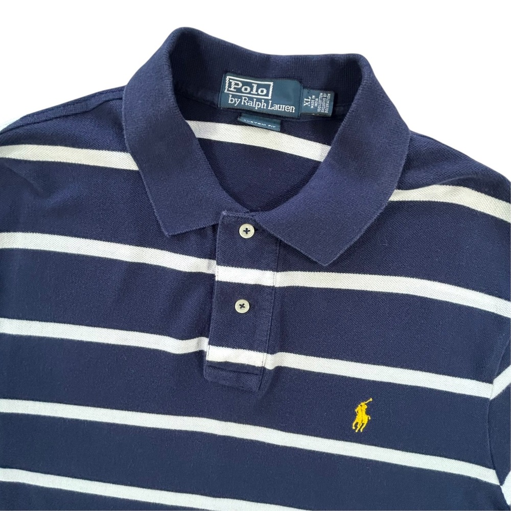 Polo Ralph Lauren Mens XL Custom Fit Striped Polo Shirt Navy White Yellow Pony